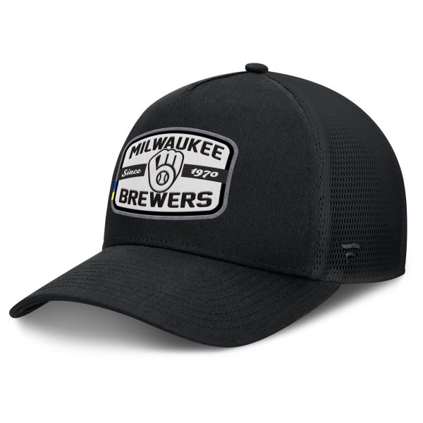 Milwaukee Brewers Pro Shop – mens milwaukee brewers fanatics black team patch a-frame trucker snapback hat Team Clothing and Headwear